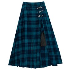 LISTEN FLAVOR Green Plaid Fire Buckle Layered-Style Pleated Skirt